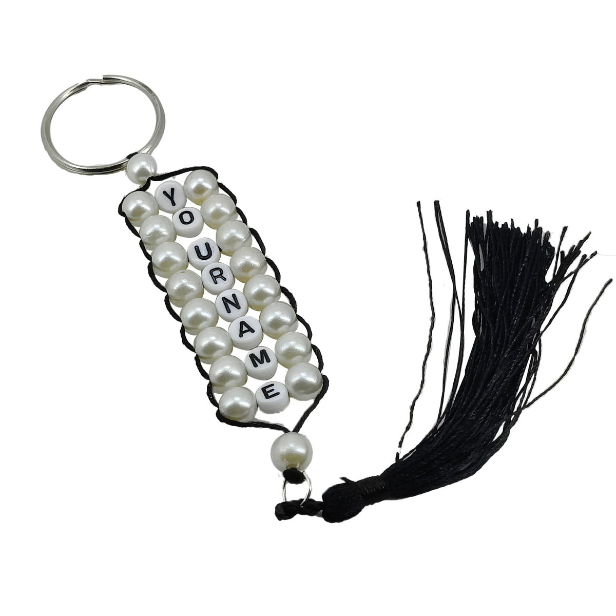 Personalized Name Customized Beaded Keychains White With Tassle [ac-lfstylnaccs-00012-m2]