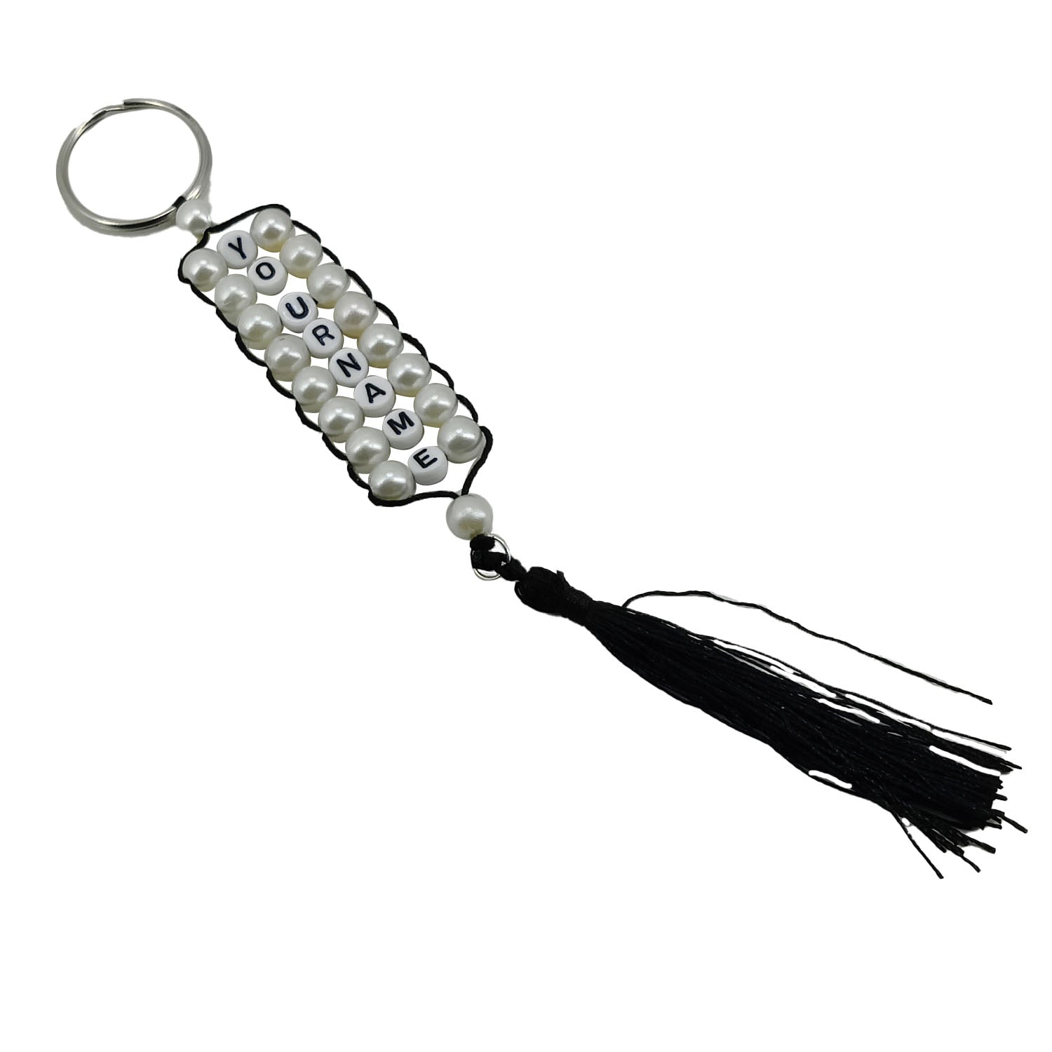 Personalized Name Customized Beaded Keychains White With Tassle [ac-lfstylnaccs-00012-m2]