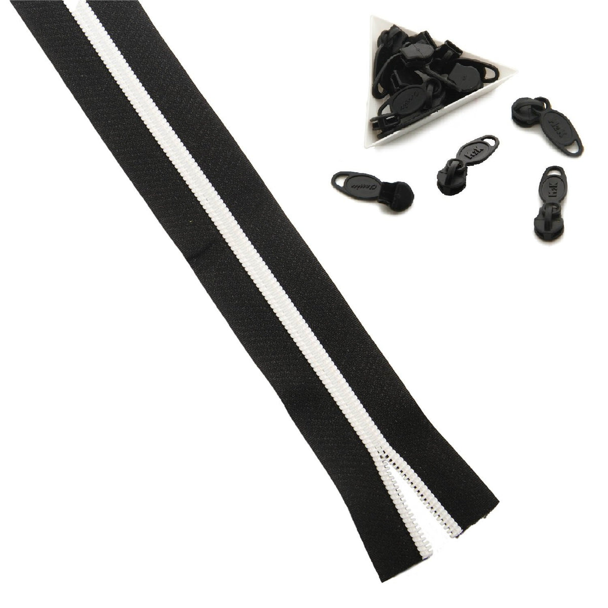 Black With White Nylon Sewing Zippers 2 Meters of Size 1.38 Inch No:5 / 35 MM and 10 Pieces Black Zip Runners For Making Bags [ac-sewsupp-00004-combo13]
