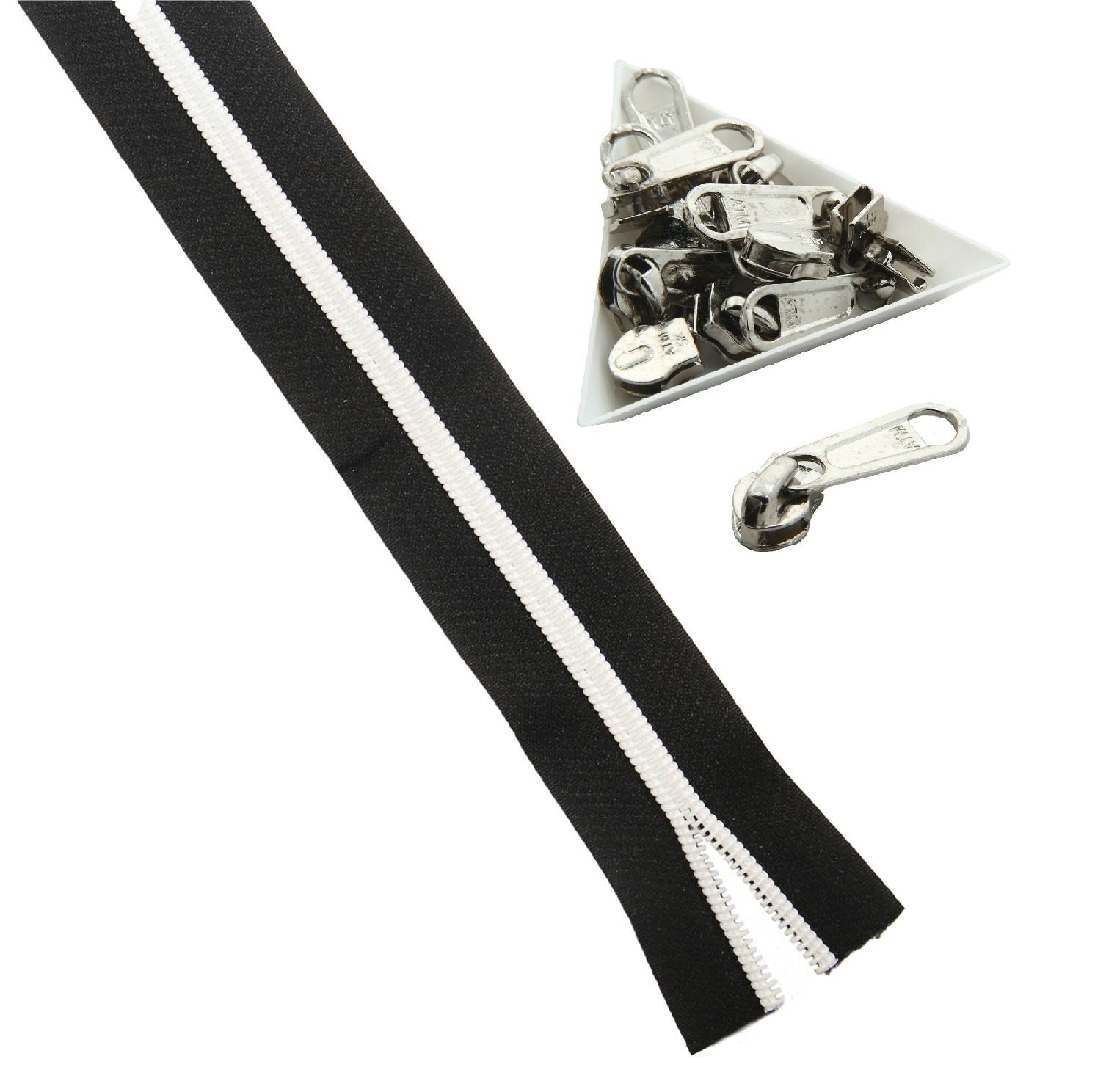 Black With White Nylon Sewing Zippers (2 Meters) Size 1.38 Inch No:5 / 35 MM and 10 Pieces Steel Zip Pulls Runners Fasteners For Making Bags [ac-sewsupp-00004-combo17]