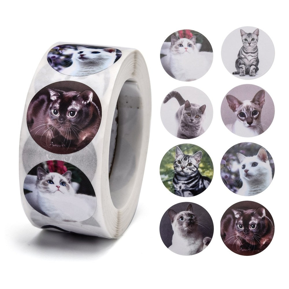 Paper Stickers 1 Inch / 2.5 CM (1 Roll, 500 Stickers) Cat Theme Round Multicolor Gift Packing Tags [jefs-dispcrdtool-00007-m1]