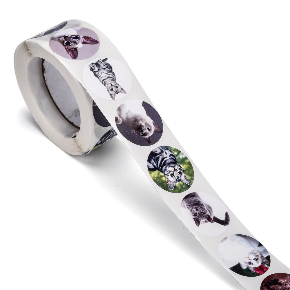 Paper Stickers 1 Inch / 2.5 CM (1 Roll, 500 Stickers) Cat Theme Round Multicolor Gift Packing Tags [jefs-dispcrdtool-00007-m1]