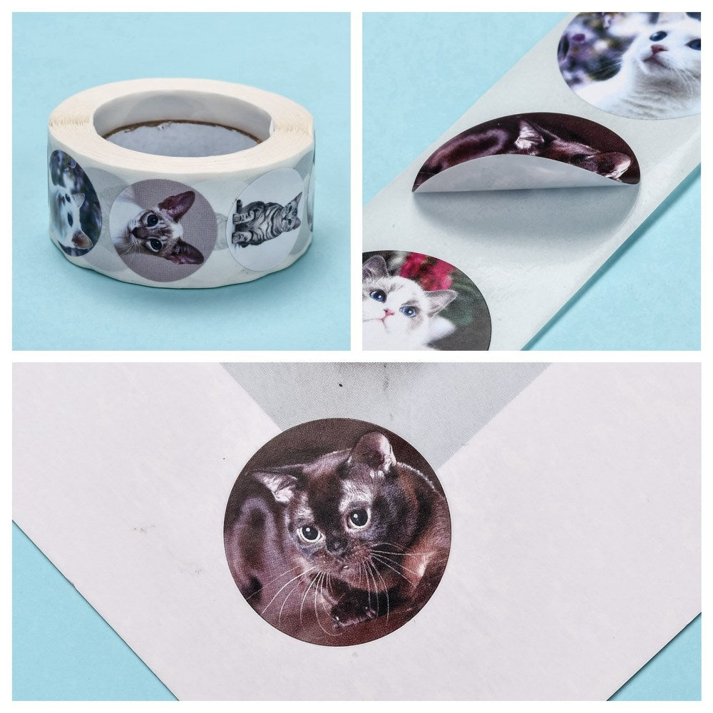 Paper Stickers 1 Inch / 2.5 CM (1 Roll, 500 Stickers) Cat Theme Round Multicolor Gift Packing Tags [jefs-dispcrdtool-00007-m1]