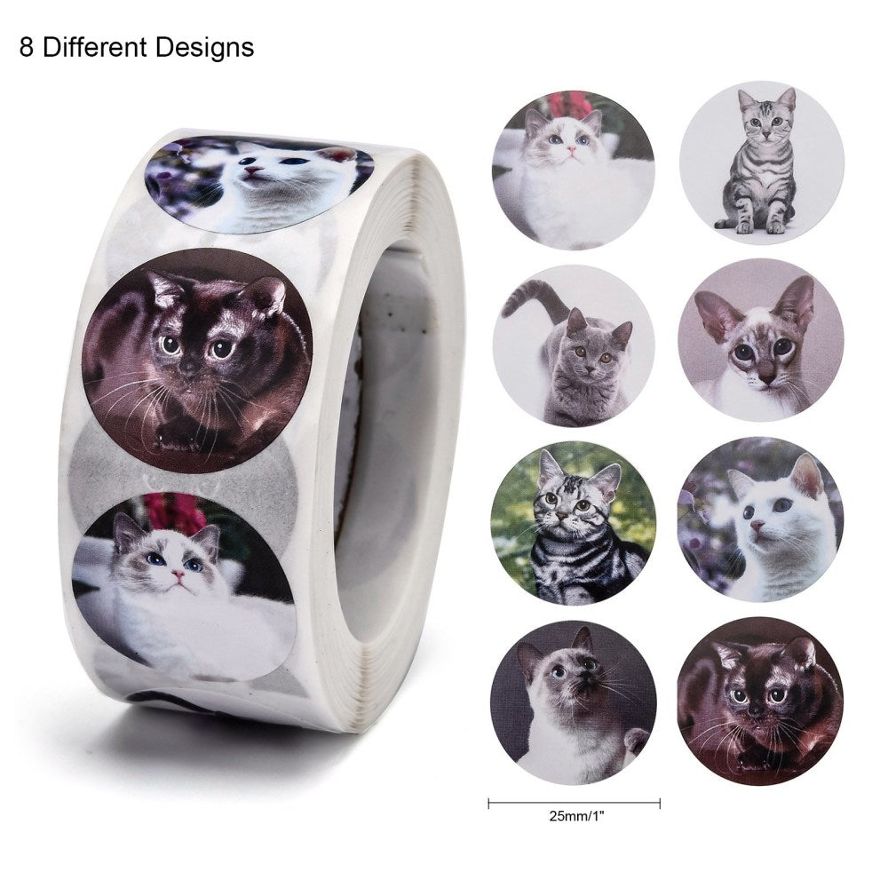 Paper Stickers 1 Inch / 2.5 CM (1 Roll, 500 Stickers) Cat Theme Round Multicolor Gift Packing Tags [jefs-dispcrdtool-00007-m1]