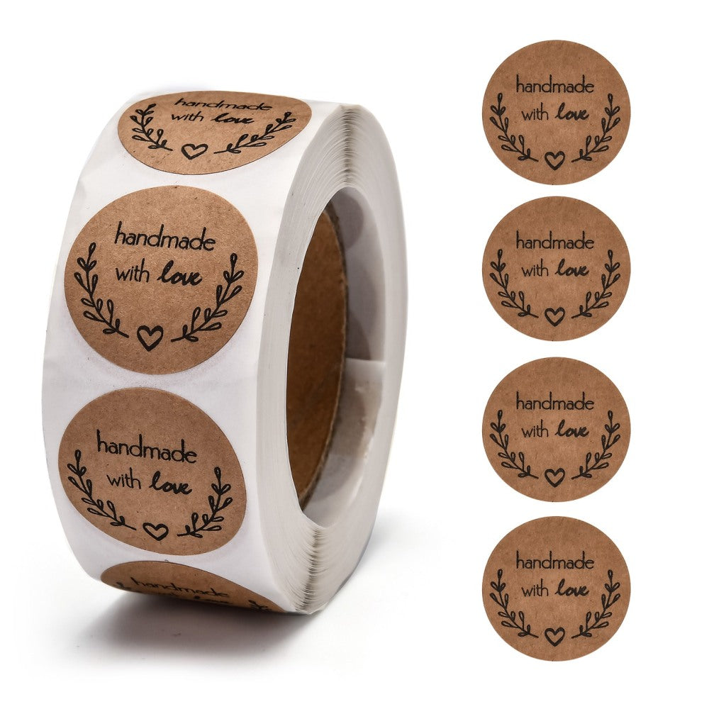 Paper Stickers 1 Inch / 2.5 CM (1 Roll, 500 Stickers) Handmade With Love Printed Round Brown Gift Packing Tags [jefs-dispcrdtool-00007-m8]