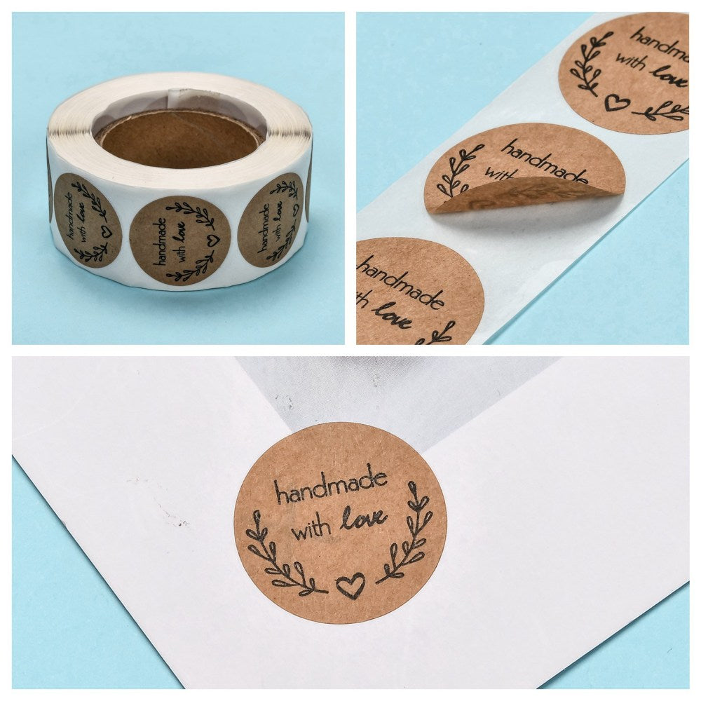 Paper Stickers 1 Inch / 2.5 CM (1 Roll, 500 Stickers) Handmade With Love Printed Round Brown Gift Packing Tags [jefs-dispcrdtool-00007-m8]
