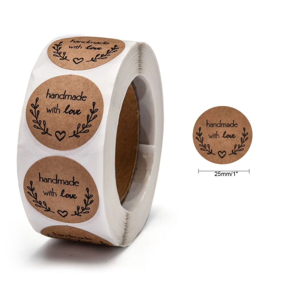 Paper Stickers 1 Inch / 2.5 CM (1 Roll, 500 Stickers) Handmade With Love Printed Round Brown Gift Packing Tags [jefs-dispcrdtool-00007-m8]