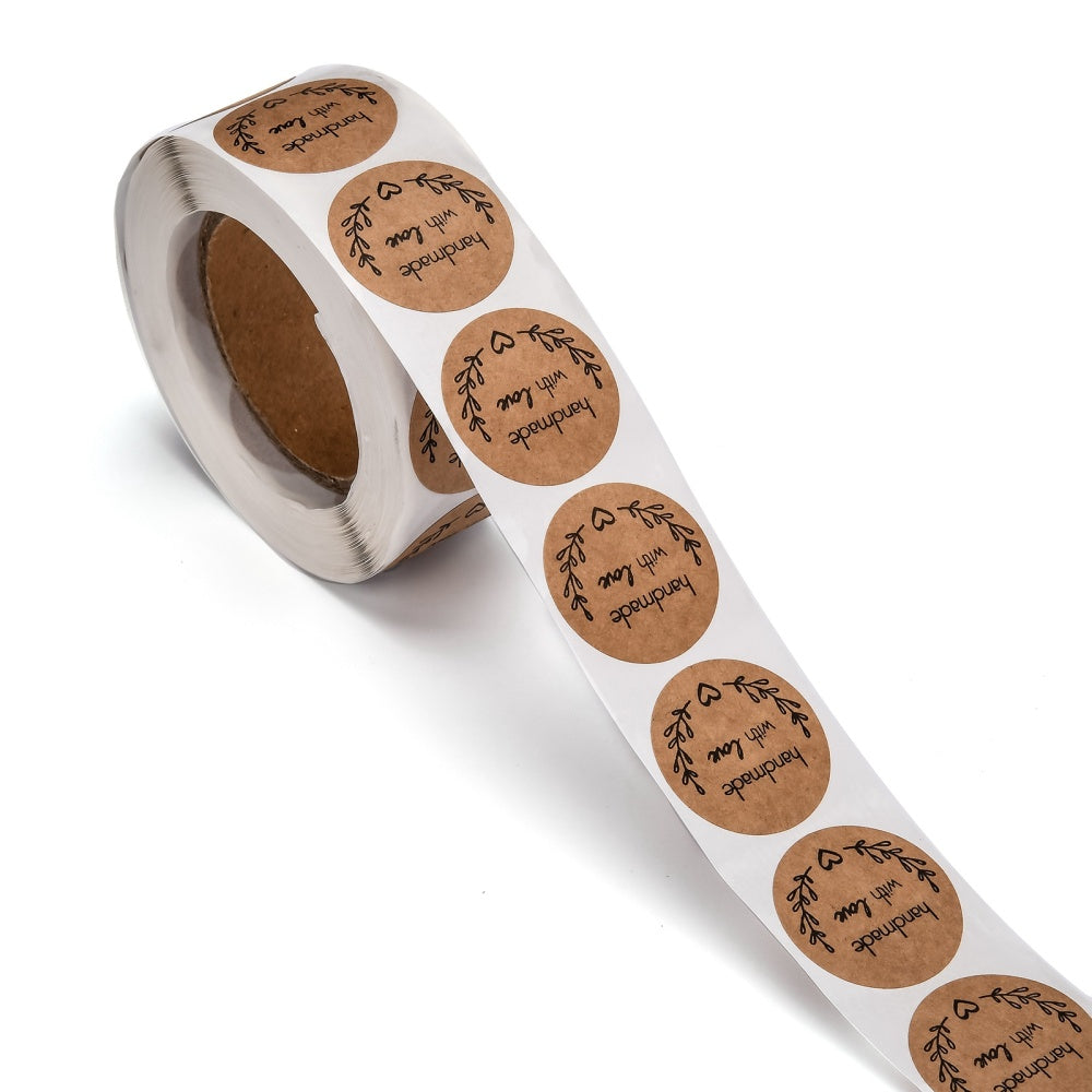 Paper Stickers 1 Inch / 2.5 CM (1 Roll, 500 Stickers) Handmade With Love Printed Round Brown Gift Packing Tags [jefs-dispcrdtool-00007-m8]