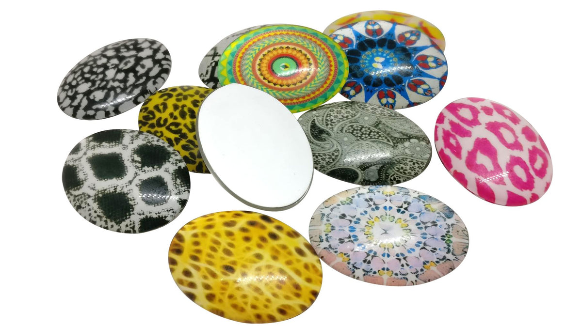 Glass Patches Embellishments Cabochons Random Design Print 25x18x6xmm Oval Assorted Color Mix (Pack of 4 pieces) [jefs-embelshcabo-00002-m6]