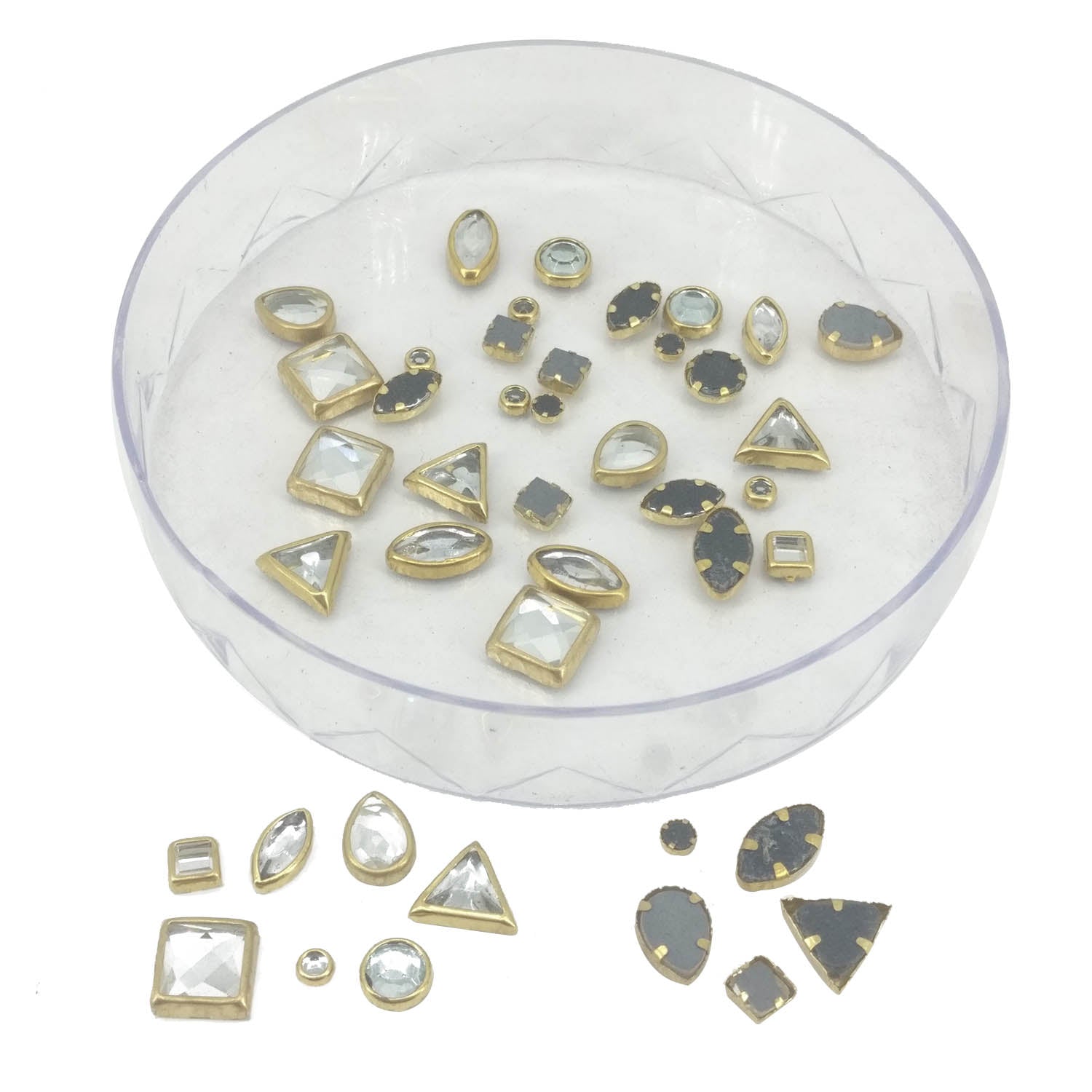 Glue On Kundan Stones Flat Back Metal Glass Mixed Shapes & Sizes (Total 10 GMs, 50+ Pieces) Transparent Jewellery Making Embellishments [jefs-embelshcabo-00120-mix]