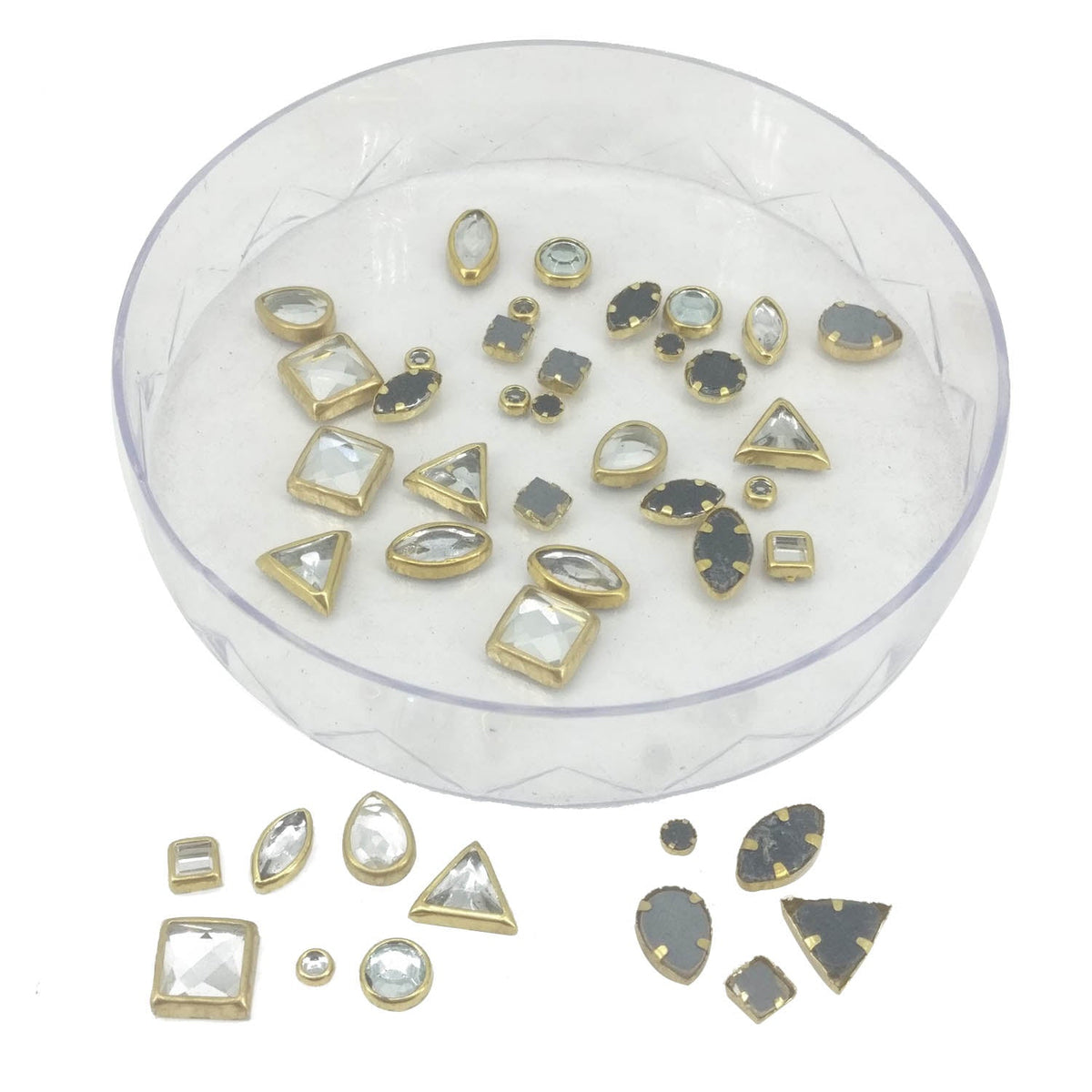 Glue On Kundan Stones Flat Back Metal Glass Mixed Shapes & Sizes (Total 10 GMs, 50+ Pieces) Transparent Jewellery Making Embellishments [jefs-embelshcabo-00120-mix]