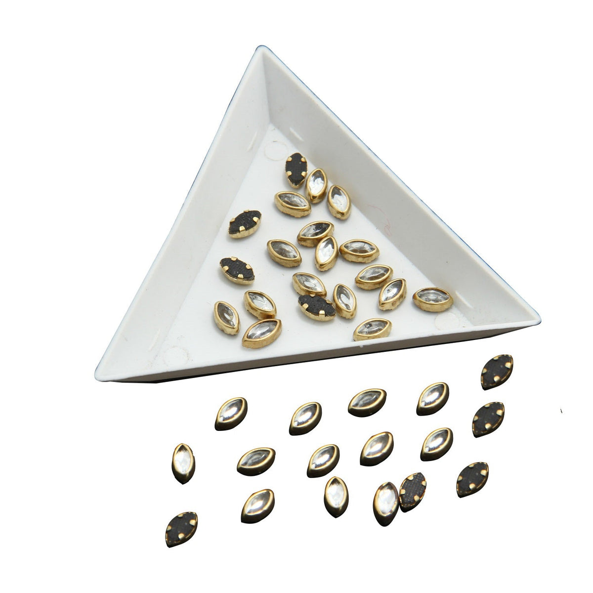 Glue On Kundan Stones Flat Back Metal Glass Oval 7.5x3.75 MM (90 Pieces) Transparent For Jewellery Making Garment Embellishments [10 GMs] [jefs-embelshcabo-00120-m12]