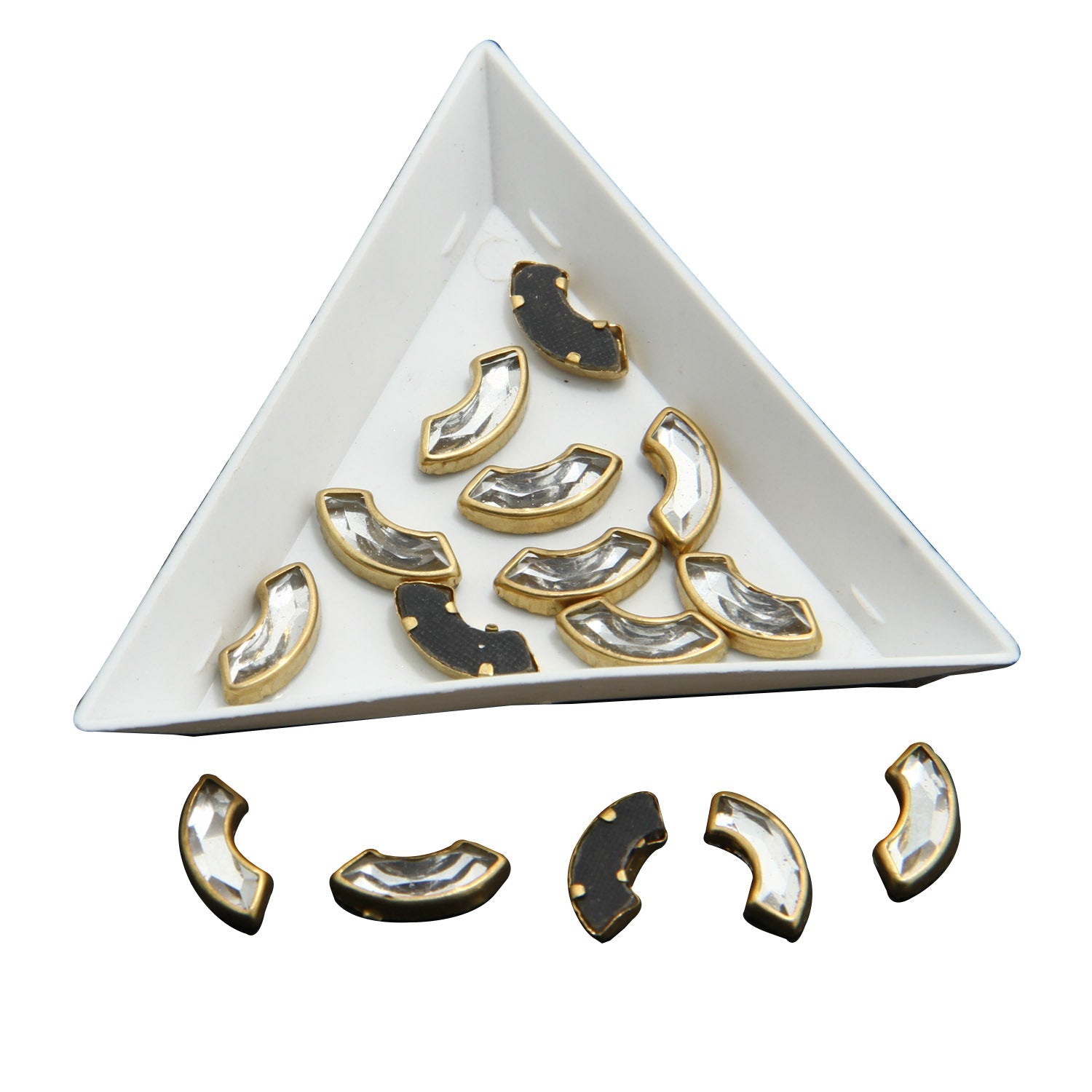 Glue On Kundan Stones Flat Back Metal Glass Moon C Shape 13.5x2 MM (30 Pieces) Transparent For Jewellery Making Garment Embellishments [10 GMs] [jefs-embelshcabo-00120-m9]