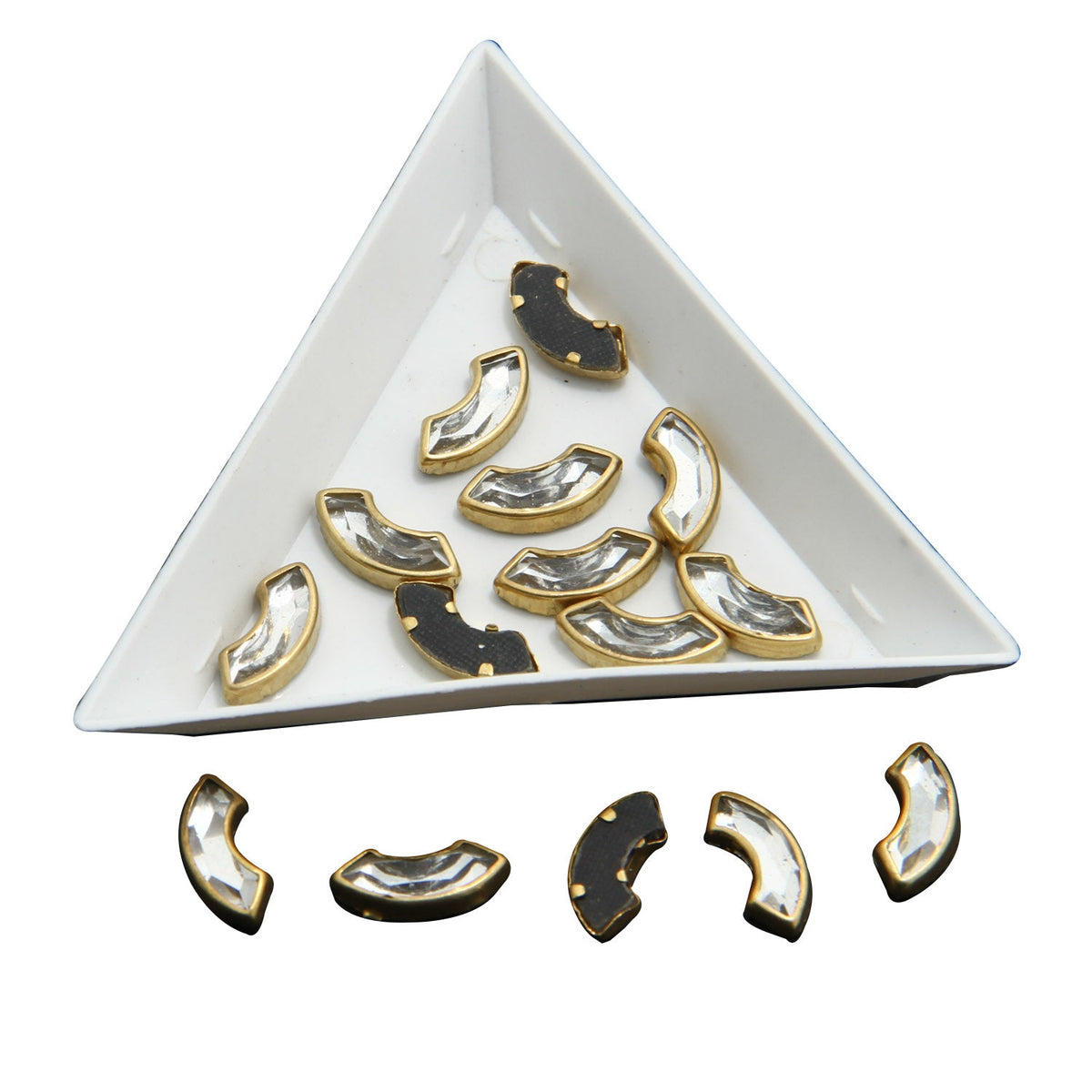 Glue On Kundan Stones Flat Back Metal Glass Moon C Shape 13.5x2 MM (30 Pieces) Transparent For Jewellery Making Garment Embellishments [10 GMs] [jefs-embelshcabo-00120-m9]