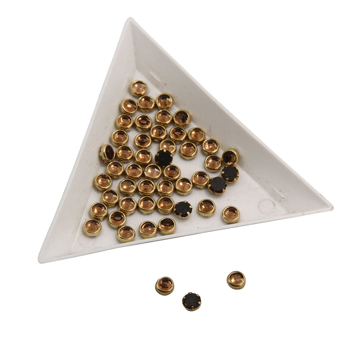 Glue On Kundan Stones Flat Back Metal Glass Round 4.25x2.25 MM (130 Pieces) Golden Brown For Jewellery Making Garment Embellishments [10 GMs] [jefs-embelshcabo-00121-m10]
