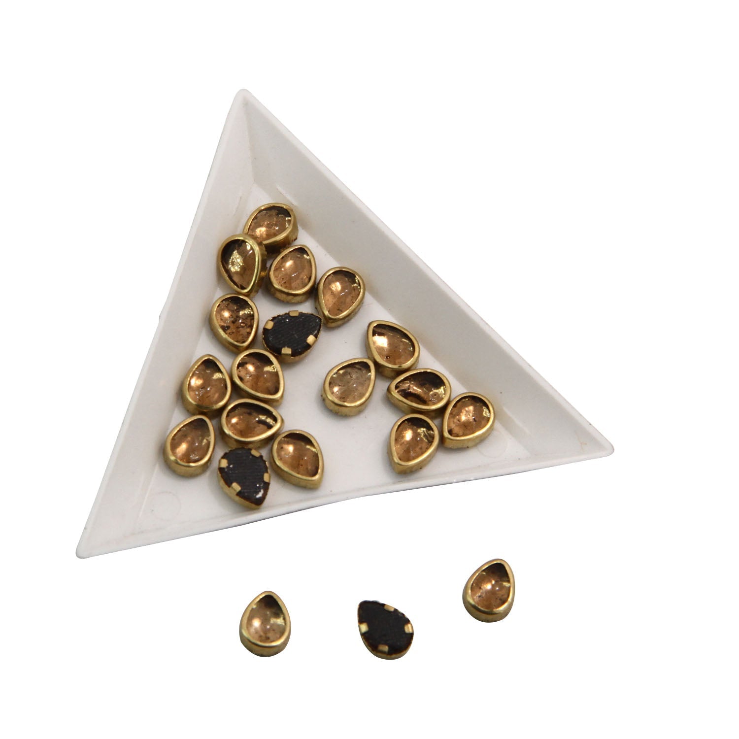 Glue On Kundan Stones Flat Back Metal Glass Drop 8.5x6.5 MM (55 Pieces) Golden Brown For Jewellery Making Garment Embellishments [10 GMs] [jefs-embelshcabo-00121-m7]