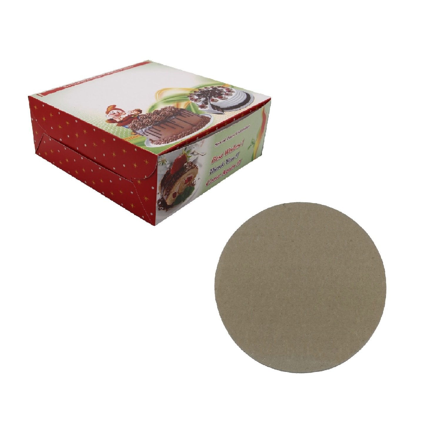 Cake Packing Paper Box For 1 KG (Pack of 5) Random Print Design 9x9x3.5 Inch (23x23x9 CM) With 8 Inch Smooth Cardboard Round Stand Base Boards [jefs-pack-boxnsupp-00129-combo2]