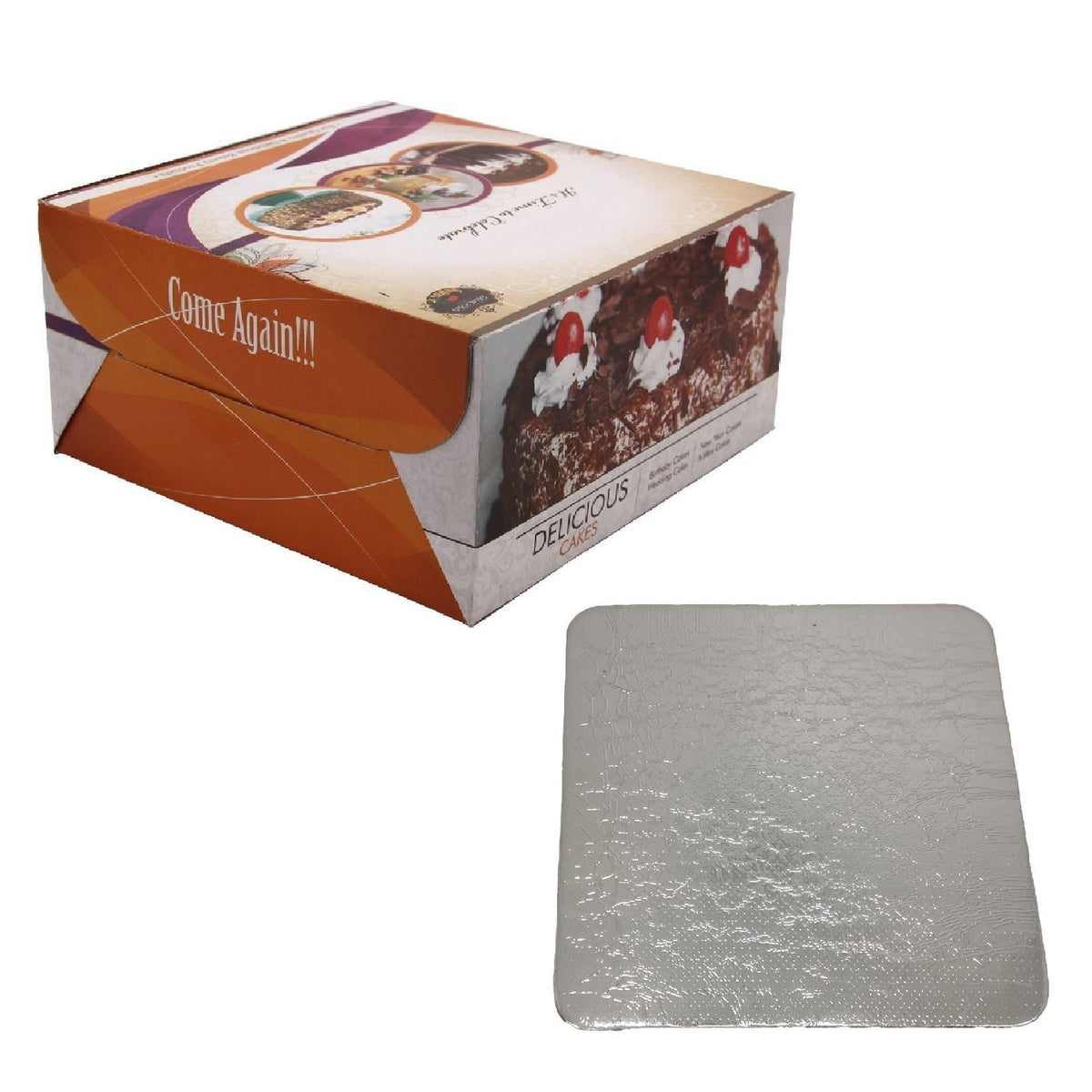 Cake Packing Paper Box For Half KG (Pack of 5) Random Print Design 7x7x3.5 Inch (18x18x9 CM) With 6.5 Inch Fresh Cream Cardboard Square Stand Base Boards [jefs-pack-boxnsupp-00129-combo5]