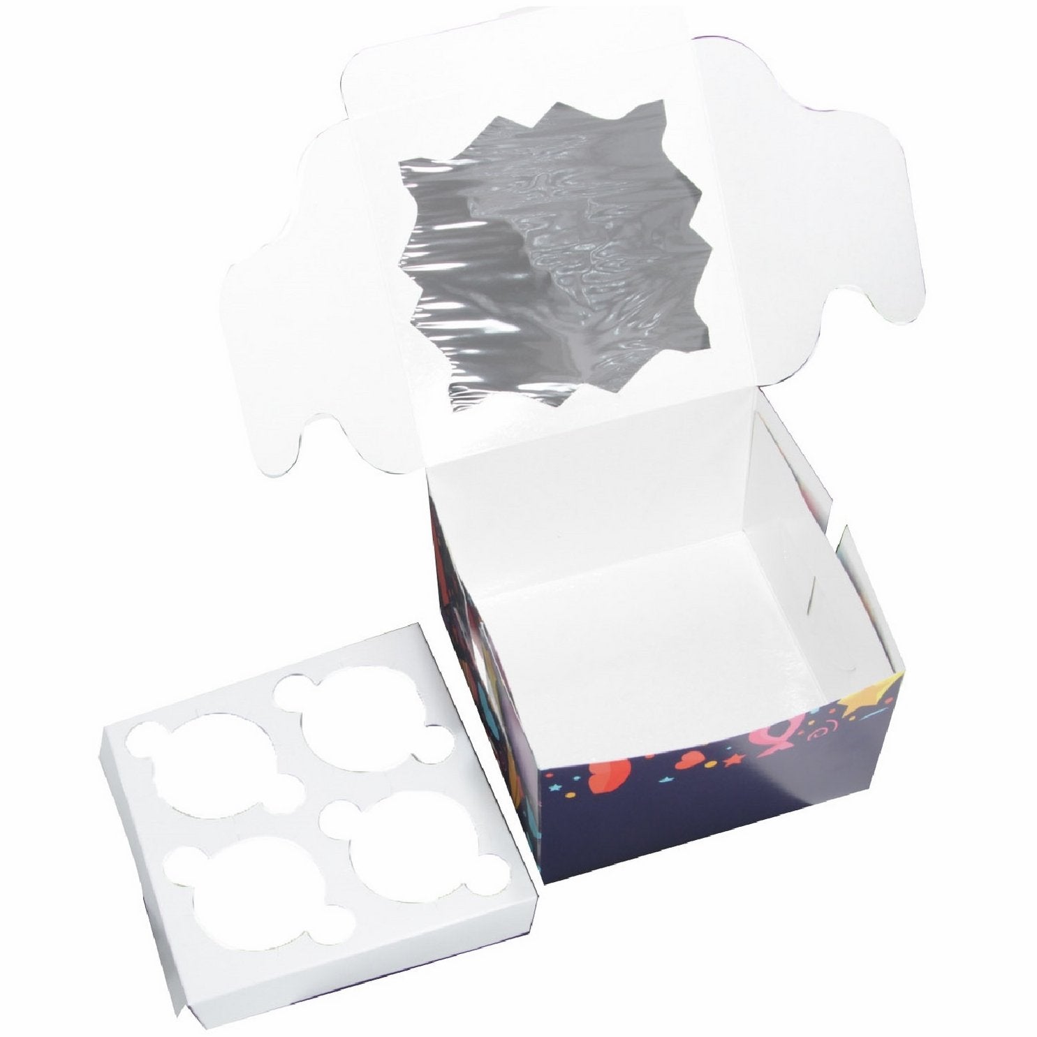Cup Cakes Muffins Packing See Thru Paper Box (Pack Of 3) For/With 4 Insert Partitions, Random Color Box Size 15x15x10 CM (6x4x4 Inch) [jefs-pack-boxnsupp-00142-m3]