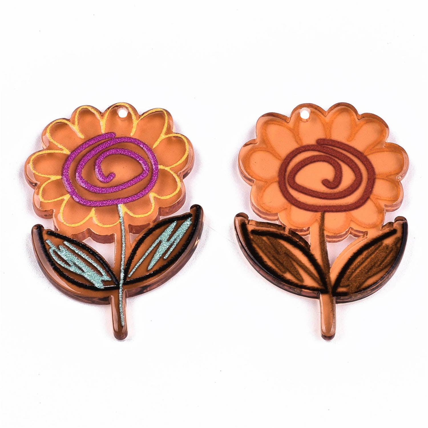 3D Printed Acrylic Pendant (2 Pieces) 40x25x3 MM Flower Multicolor Orange For Jewellery Making Crafts Decoration [jefs-pndt-gnrl-00001-m12]