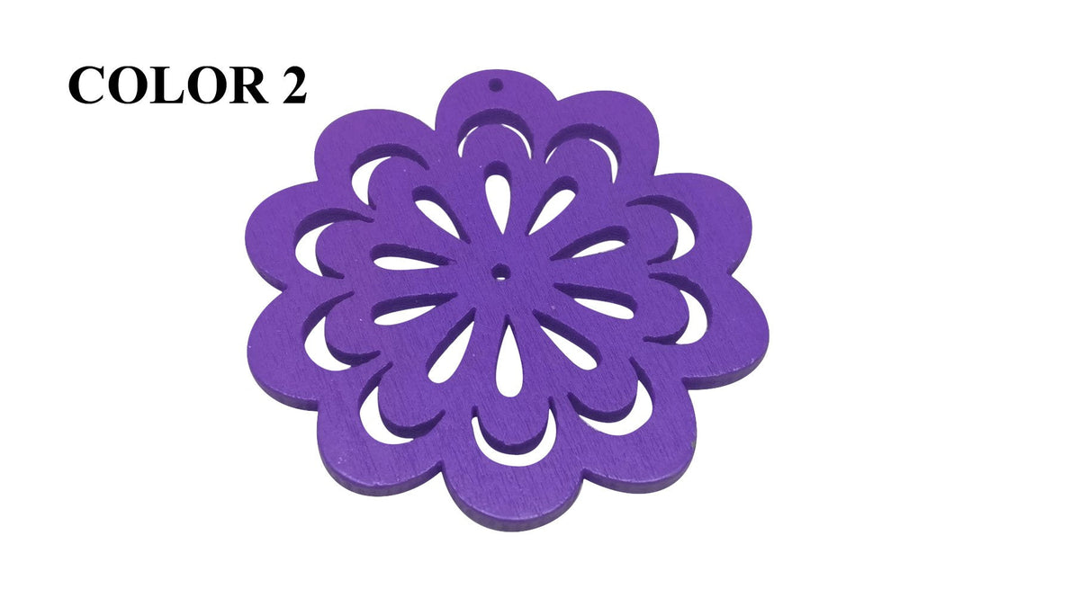 Wooden Jewellery Making Pendants 46mm Flower [Color 2 - Purple] (Pack Of 4 Pieces) (#Ot118)