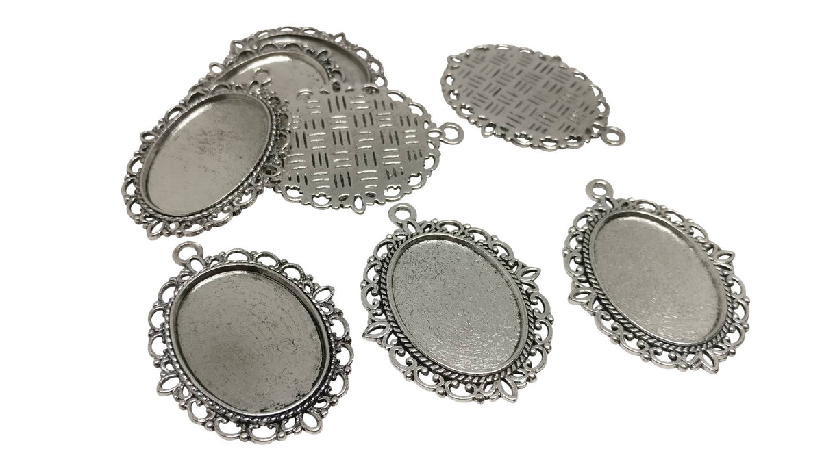 Jewelry Metal Alloy Pendant Base 40x30x2xmm (Holds 25x18mm Oval Embellishments) Oval Antique Silver Color (Pack of 2 pieces) [jefs-pndt-gnrl-00129-m11]