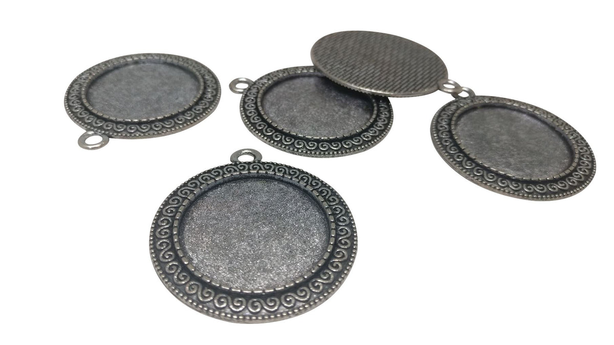 Jewelry Metal Alloy Pendant Base 40x30mm (Holds 25mm Round Embellishments) Round Antique Silver Color (Pack of 2 pieces) [jefs-pndt-gnrl-00129-m12]