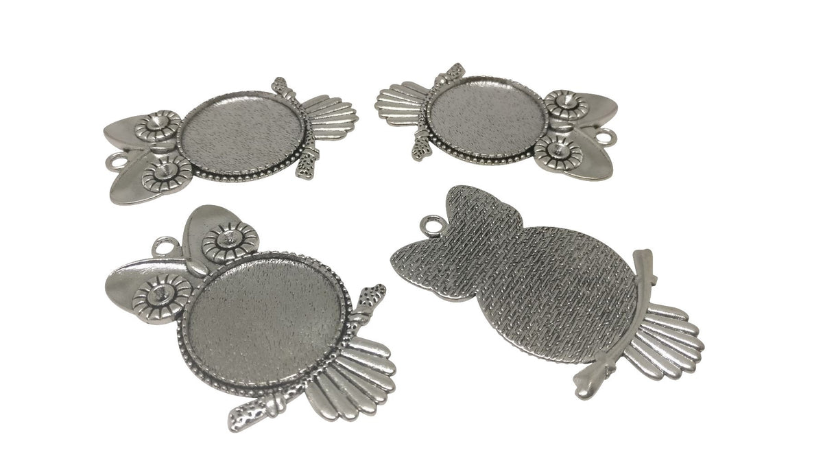 Jewelry Metal Alloy Pendant Base 53x25mm (Holds 25mm Round Embellishments) Bird Owl Antique Silver Color (Pack of 2 pieces) [jefs-pndt-gnrl-00129-m13]