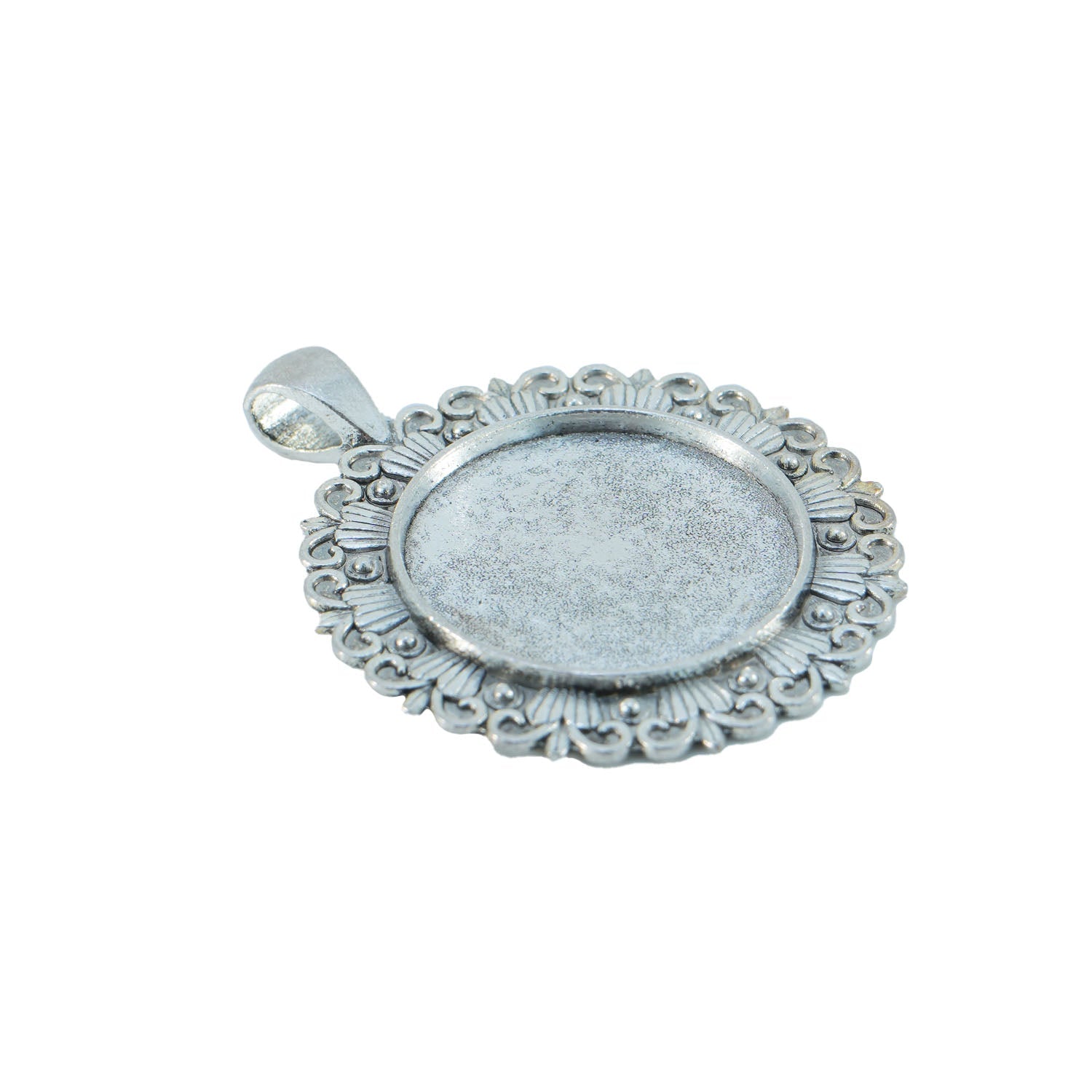 Metal Alloy Pendant Cabochon Bases [Holds Round 25 MM Embellishments] (2 Pieces) Antique Silver Color 47 MM For Jewellery Making [jefs-pndt-gnrl-00129-m50]