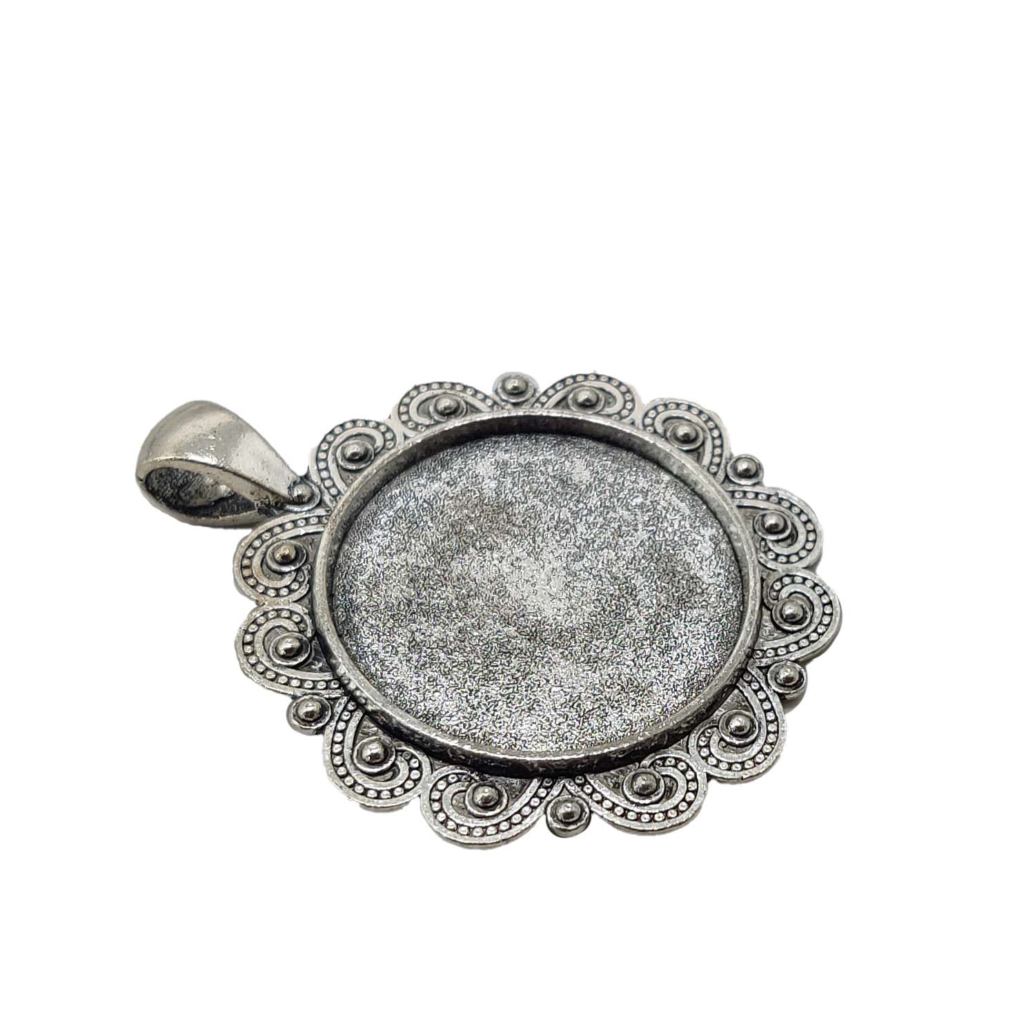 Metal Alloy Pendant Cabochon Bases [Holds Round 25 MM Embellishments] (2 Pieces) Antique Silver Color 44x36 MM For Jewellery Making [jefs-pndt-gnrl-00129-m58]