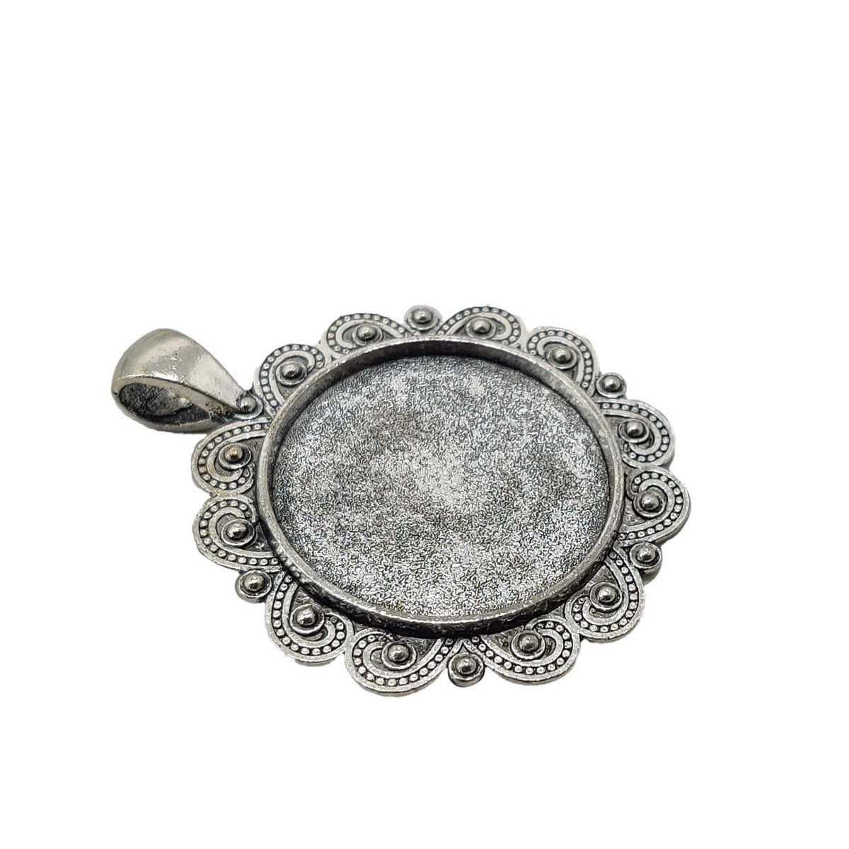 Metal Alloy Pendant Cabochon Bases [Holds Round 25 MM Embellishments] (2 Pieces) Antique Silver Color 44x36 MM For Jewellery Making [jefs-pndt-gnrl-00129-m58]