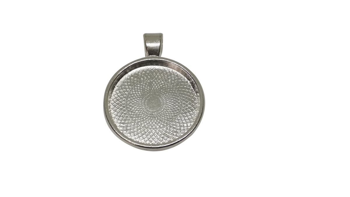 Jewelry Metal Alloy Pendant Base 36x28x3xmm (Holds 25mm Round Embellishments) Round Silver Color (Pack of 2 pieces) [jefs-pndt-gnrl-00129-m5]