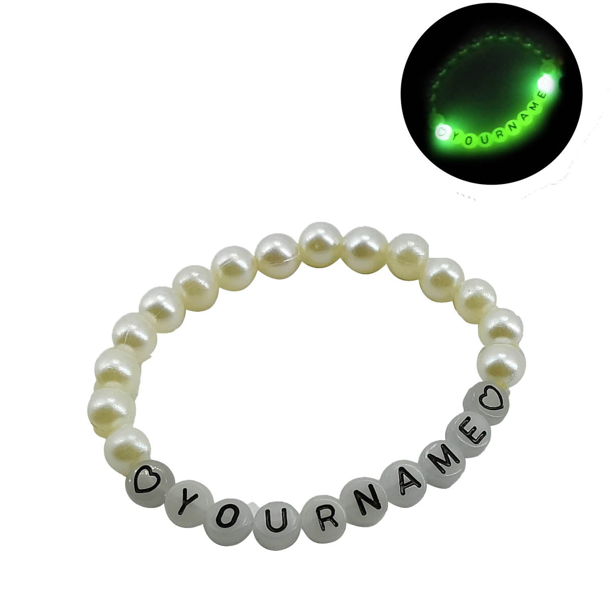 Glow In The Dark Elastic Name Customized Bracelets Personlized For Kids Girls Women With Plastic Pearl Beads White [jxq-brcltbngl-00017-m1]