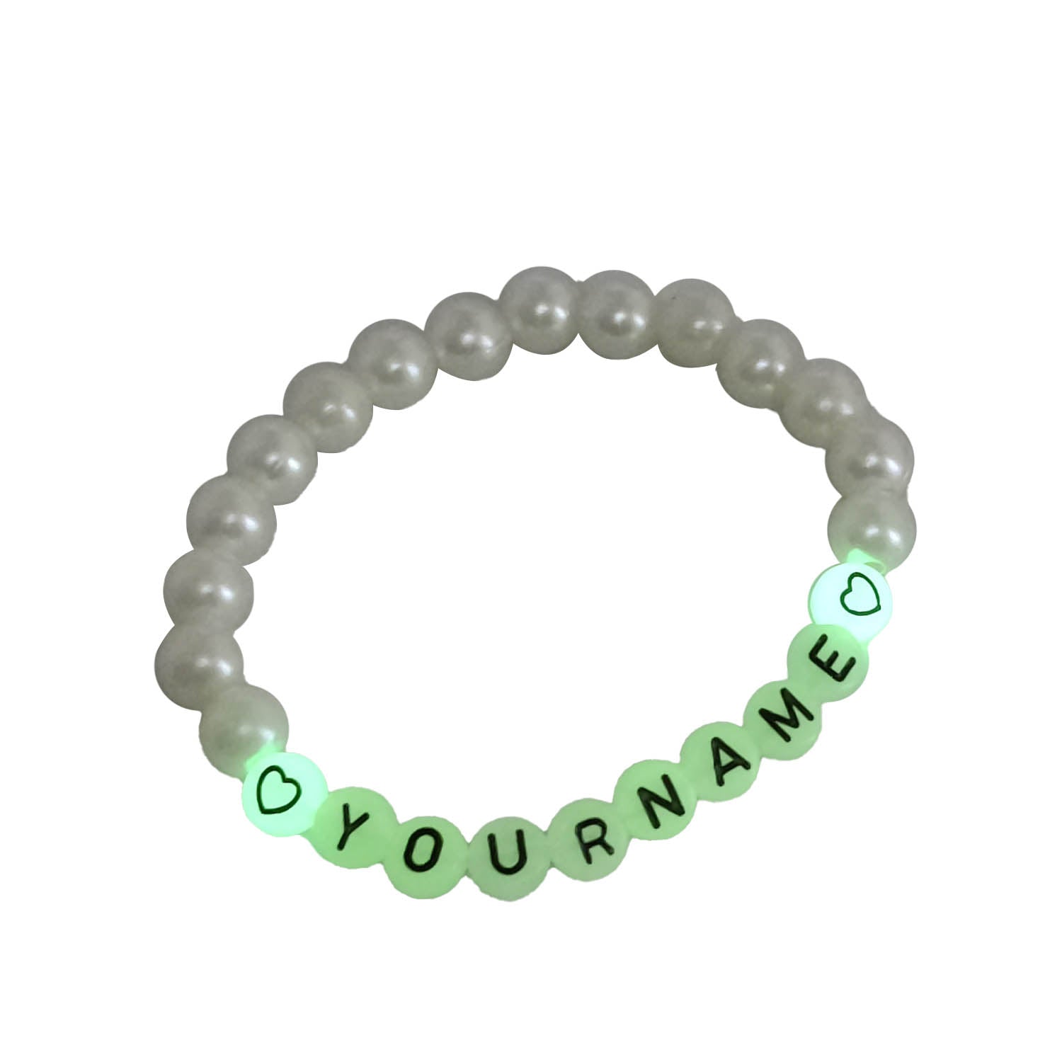 Glow In The Dark Elastic Name Customized Bracelets Personlized For Kids Girls Women With Plastic Pearl Beads White [jxq-brcltbngl-00017-m1]