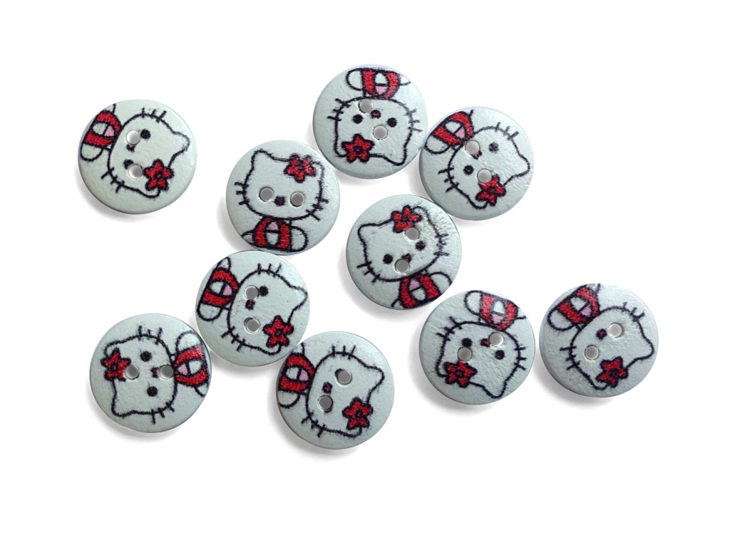 Wooden Buttons For Craft Scrapbook & Sewing Hello Kitty 13x3.5mm Round White & Red (Pack of 10 pieces) [tmp-jefs-bttns-00001]